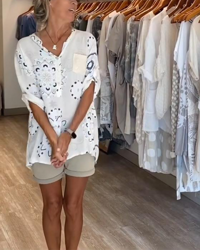 Versatile Printed V-Neck Blouse with Half-Length Sleeves