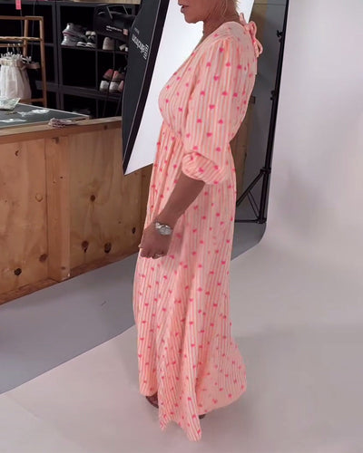 Elegant V-Neck Dress with Heart Print